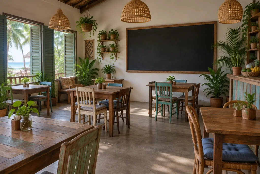 Inside the café, with a blank board on the wall